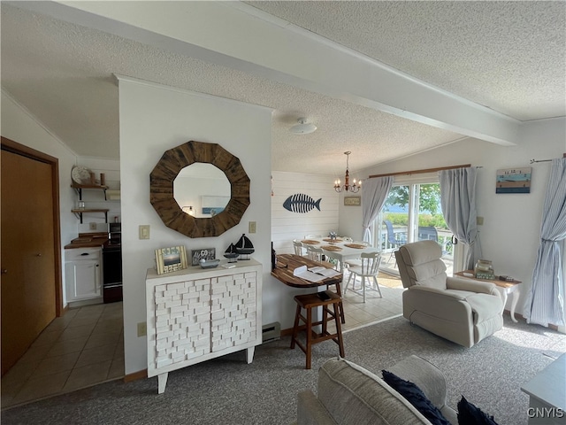 carpeted living room featuring wood walls, a textured ceiling, a baseboard heating unit, lofted ceiling with beams, and an inviting chandelier