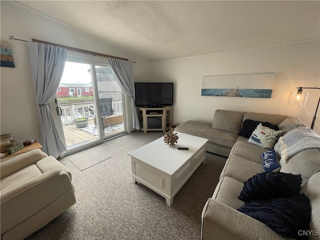 living room featuring light colored carpet and a textured ceiling