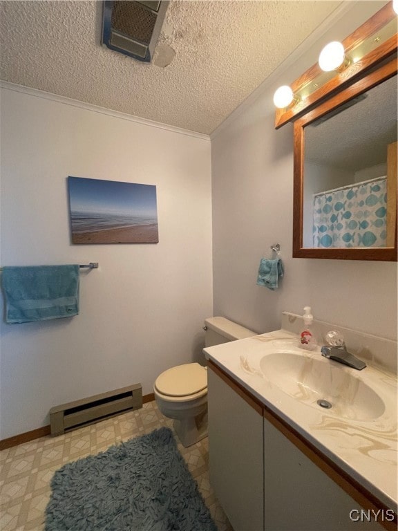 bathroom featuring vanity, a textured ceiling, baseboard heating, crown molding, and toilet