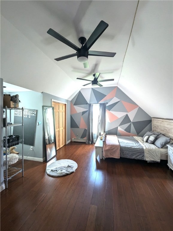 bedroom with dark hardwood / wood-style flooring, ceiling fan, and lofted ceiling