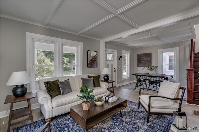 living room with crown molding, plenty of natural light, coffered ceiling, and wood-type flooring