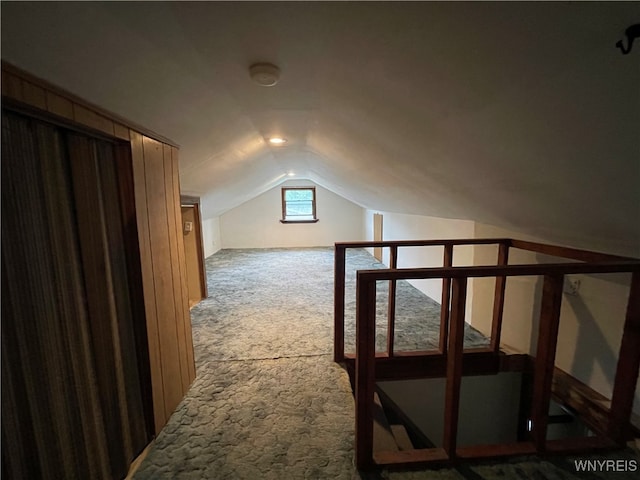 additional living space featuring vaulted ceiling and carpet