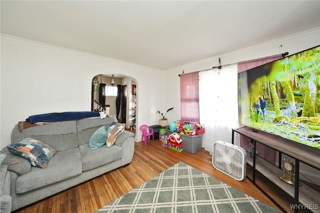 living room featuring crown molding and hardwood / wood-style flooring