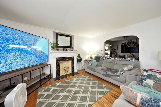 living room with hardwood / wood-style floors, ornamental molding, and a premium fireplace