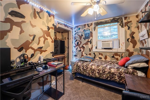 bedroom with cooling unit, ceiling fan, and ornamental molding