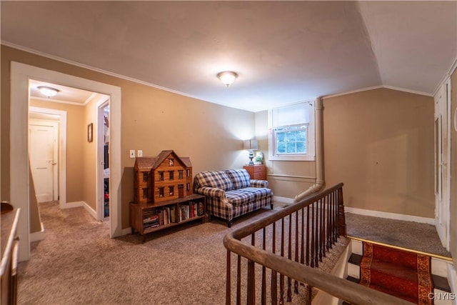 carpeted bedroom with vaulted ceiling, baseboards, and ornamental molding