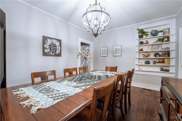 dining space with a notable chandelier, dark wood-style flooring, baseboards, and ornamental molding