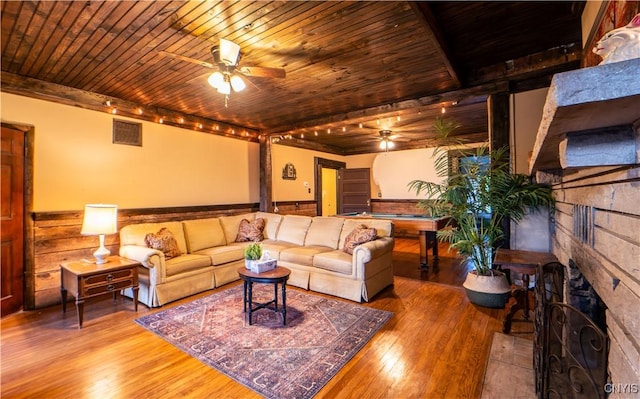 living room featuring visible vents, wood ceiling, ceiling fan, and hardwood / wood-style flooring