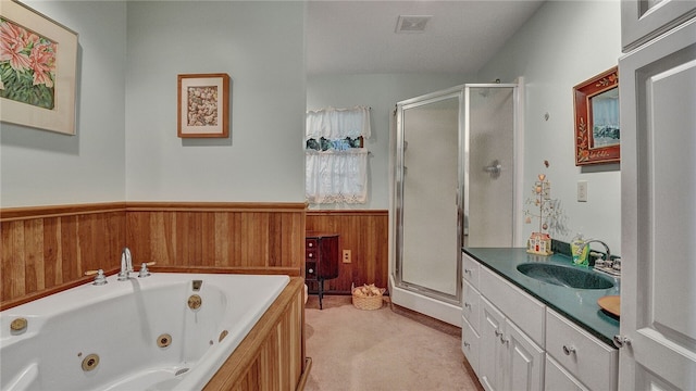 bathroom with vanity, plus walk in shower, and wood walls