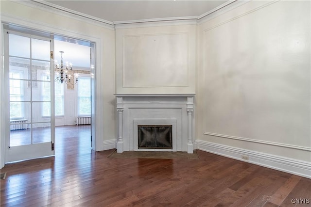 unfurnished living room with visible vents, crown molding, a chandelier, a fireplace with flush hearth, and dark wood-style floors