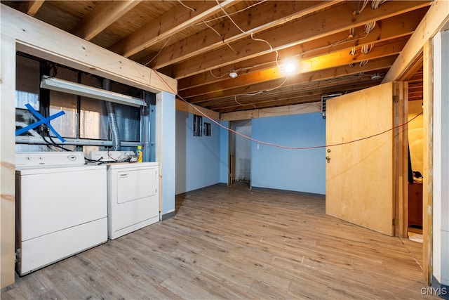 basement featuring washer and clothes dryer and light wood-type flooring