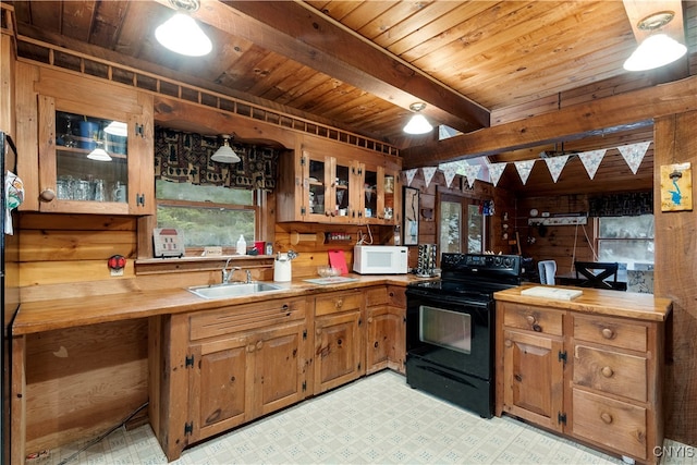 kitchen featuring wooden ceiling, black range with electric stovetop, beamed ceiling, sink, and wood walls