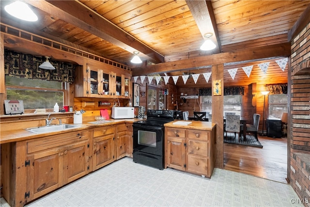 kitchen with wooden ceiling, black electric range oven, light hardwood / wood-style flooring, and sink