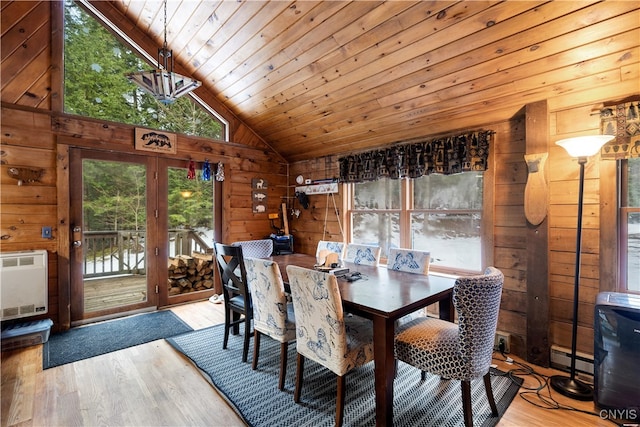 dining room featuring vaulted ceiling, wood walls, wooden ceiling, light hardwood / wood-style floors, and heating unit