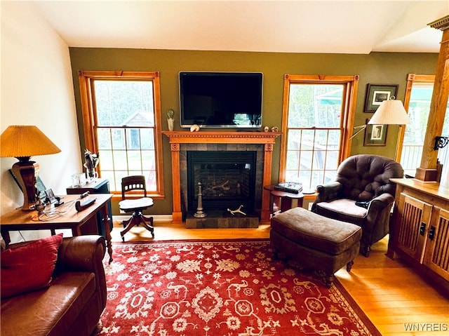 living room with hardwood / wood-style flooring and a fireplace