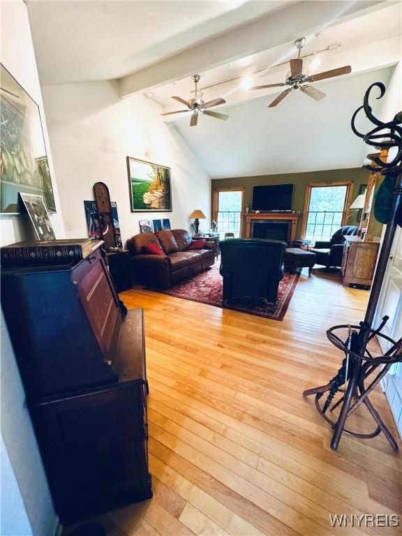 living room with wood-type flooring, lofted ceiling with beams, and ceiling fan