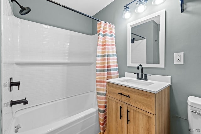 full bathroom featuring vanity, toilet, and shower / bathtub combination with curtain