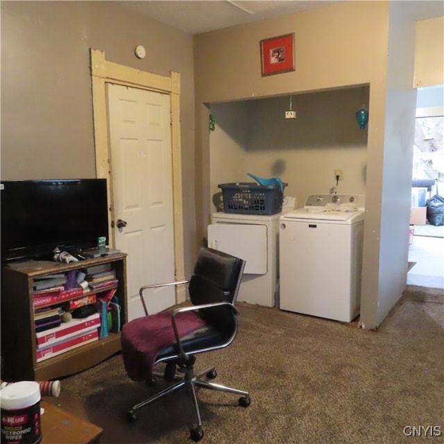 carpeted home office featuring washer and dryer