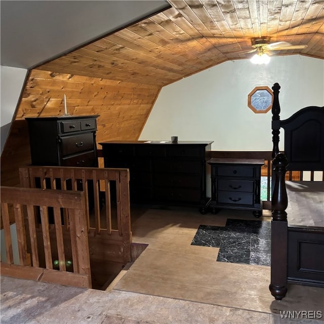 bedroom with wood ceiling and lofted ceiling