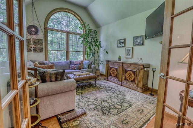 sitting room with hardwood / wood-style floors and vaulted ceiling