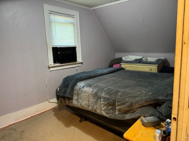 carpeted bedroom featuring lofted ceiling and cooling unit