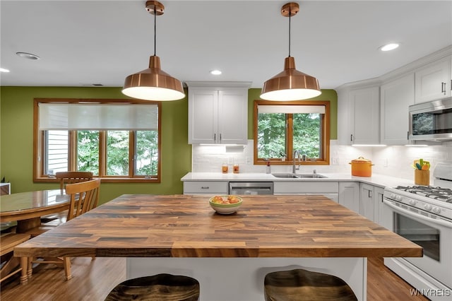 kitchen with appliances with stainless steel finishes, plenty of natural light, butcher block counters, and sink