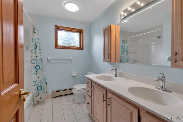 full bathroom with tile patterned flooring, toilet, baseboard heating, shower / tub combo, and vanity