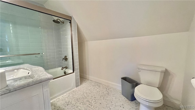 full bathroom with shower / bath combination with glass door, vanity, vaulted ceiling, and toilet