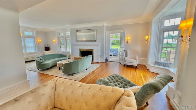 living room featuring ornamental molding and light hardwood / wood-style flooring