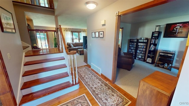 stairs with carpet flooring