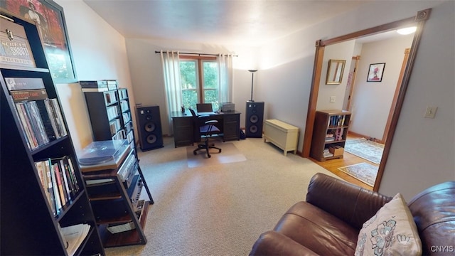 home office with light carpet