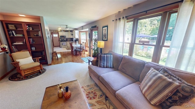 living room with built in shelves, plenty of natural light, and light wood-type flooring