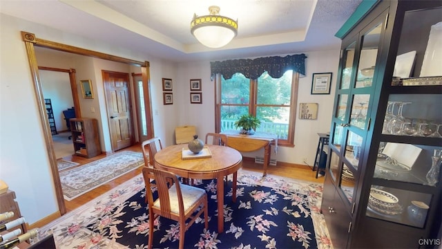 dining area featuring a tray ceiling and hardwood / wood-style flooring