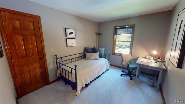 bedroom featuring light colored carpet