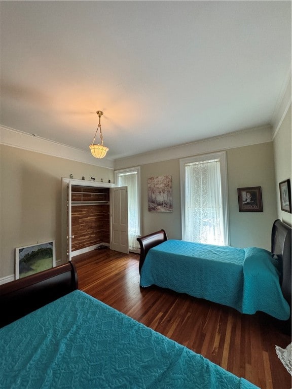 bedroom featuring crown molding and dark wood-type flooring