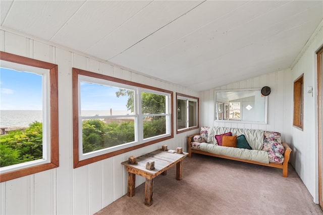 sunroom / solarium featuring vaulted ceiling and a water view