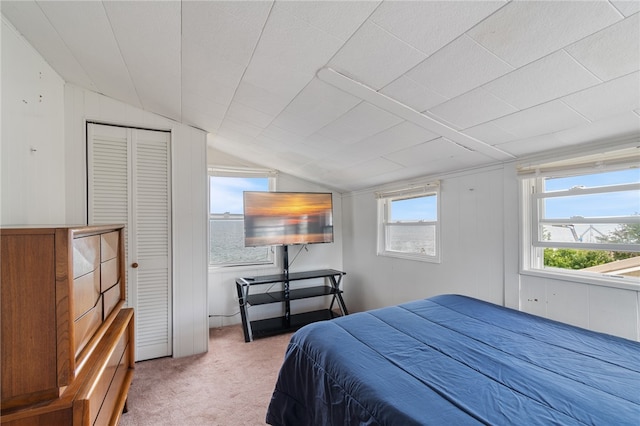 bedroom featuring lofted ceiling, a closet, and carpet flooring