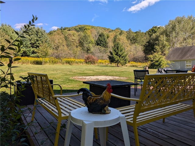 wooden terrace with a lawn