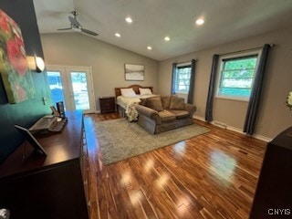 bedroom featuring vaulted ceiling, ceiling fan, and dark hardwood / wood-style flooring