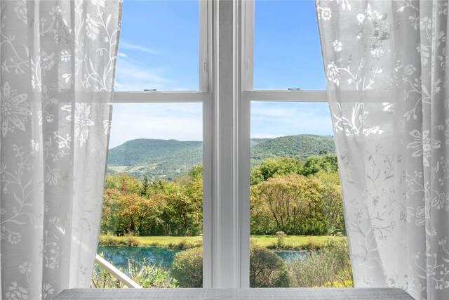 entryway with a water and mountain view