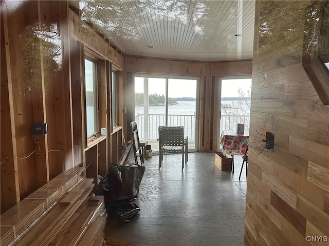 misc room featuring wood walls and a water view