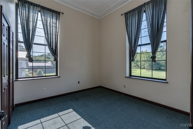 empty room featuring carpet flooring, a healthy amount of sunlight, and ornamental molding