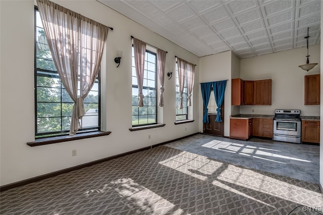 kitchen with stainless steel electric range oven and dark carpet