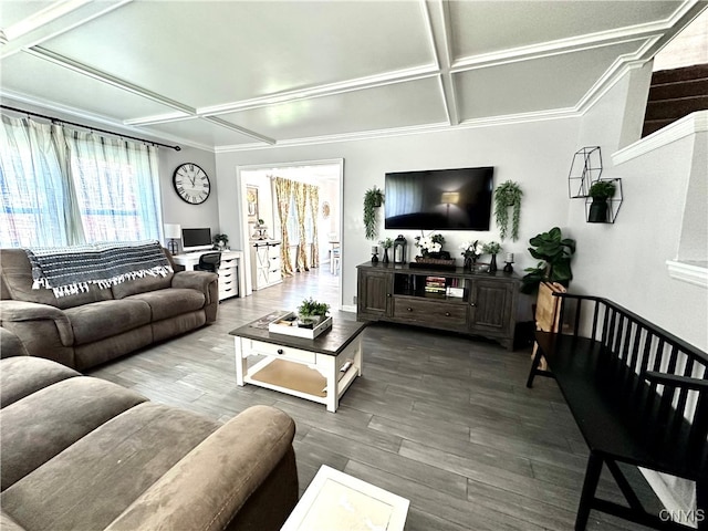 living room with coffered ceiling, dark hardwood / wood-style floors, and crown molding