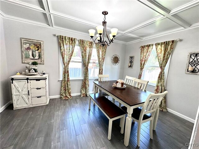 dining space with coffered ceiling, beamed ceiling, ornamental molding, a chandelier, and dark wood-type flooring