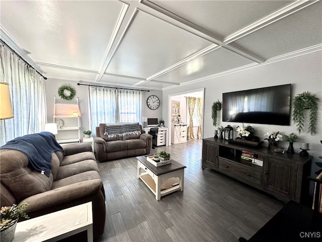 living room featuring dark wood-type flooring, coffered ceiling, and crown molding