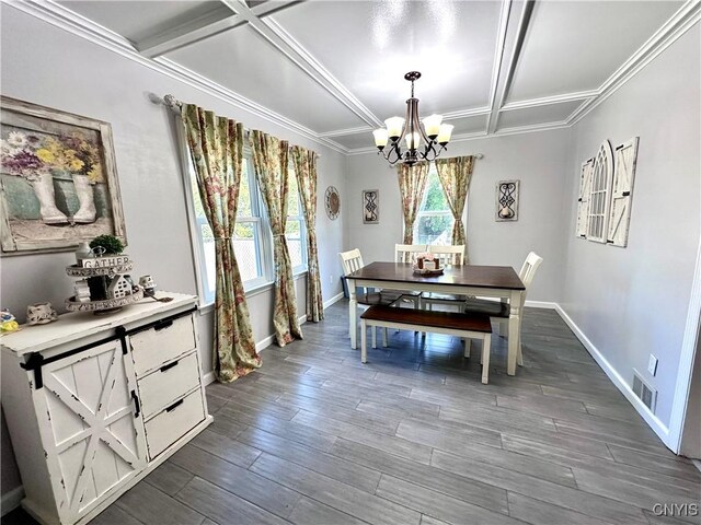 dining space featuring coffered ceiling, dark hardwood / wood-style floors, a notable chandelier, and ornamental molding