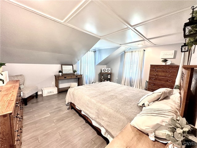 bedroom featuring wood-type flooring and vaulted ceiling