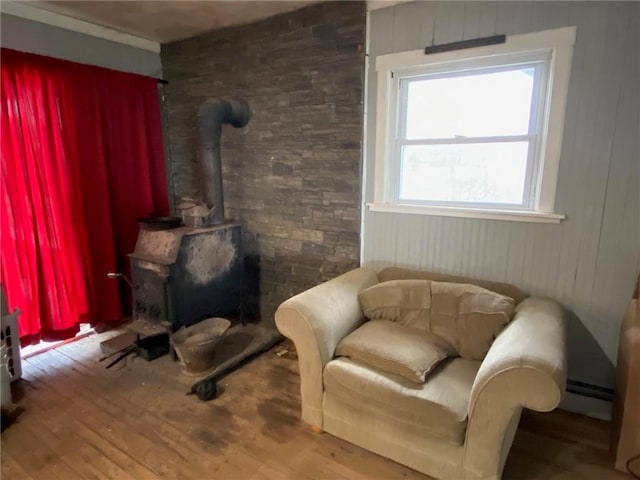sitting room with a baseboard heating unit, wood finished floors, and a wood stove
