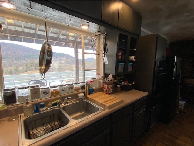 kitchen with a sink, a mountain view, glass insert cabinets, and light countertops